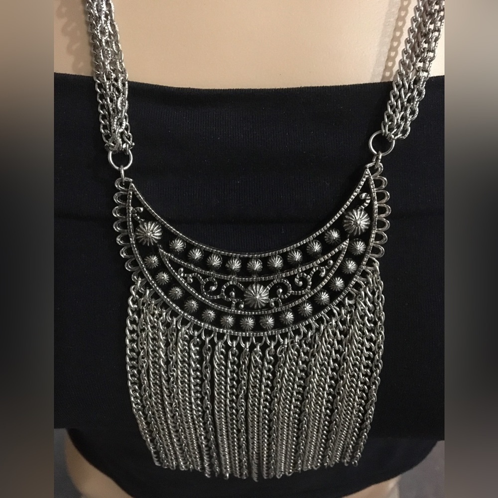 Statement Necklace Silver Tone Moon Crescent Fringe Necklace Halloween Cleopatra - Picture 2 of 4